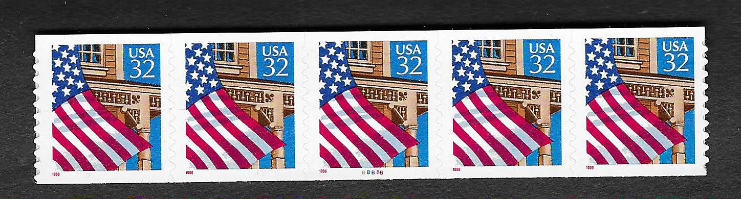 1996 US 2915A COIL PLATE NUMBER STRIP OF 5 FLAG OVER PORCH MNH 1996 US 2915A COIL PLATE NUMBER STRIP OF 5 FLAG OVER PORCH MNH