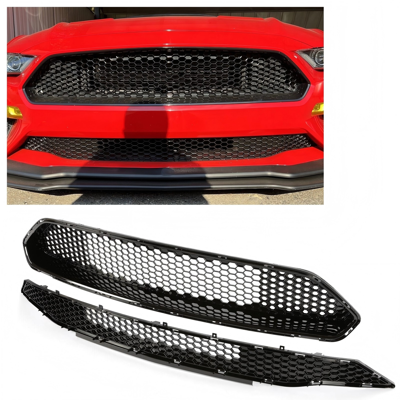 For 2018-2023 Ford Mustang Front Upper + Lower Grille Black Honeycomb Mesh
