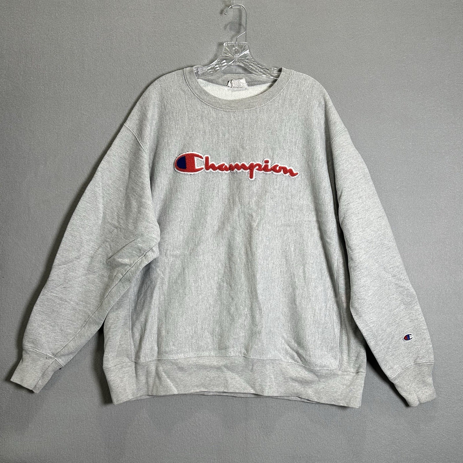Vintage Champion Reverse Weave Sweatshirt Sz 2XL Gray Chenille Script Spell Out Vintage Champion Reverse Weave Sweatshirt Sz 2XL Gray Chenille Script Spell Out