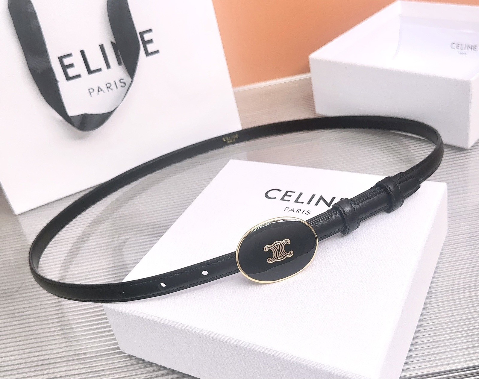 Women\'s Celin*e 1.3cm/0.51in Black Leather Belt gold retro oval badge Small Women\'s Celin*e 1.3cm/0.51in Black Leather Belt gold retro oval badge Small