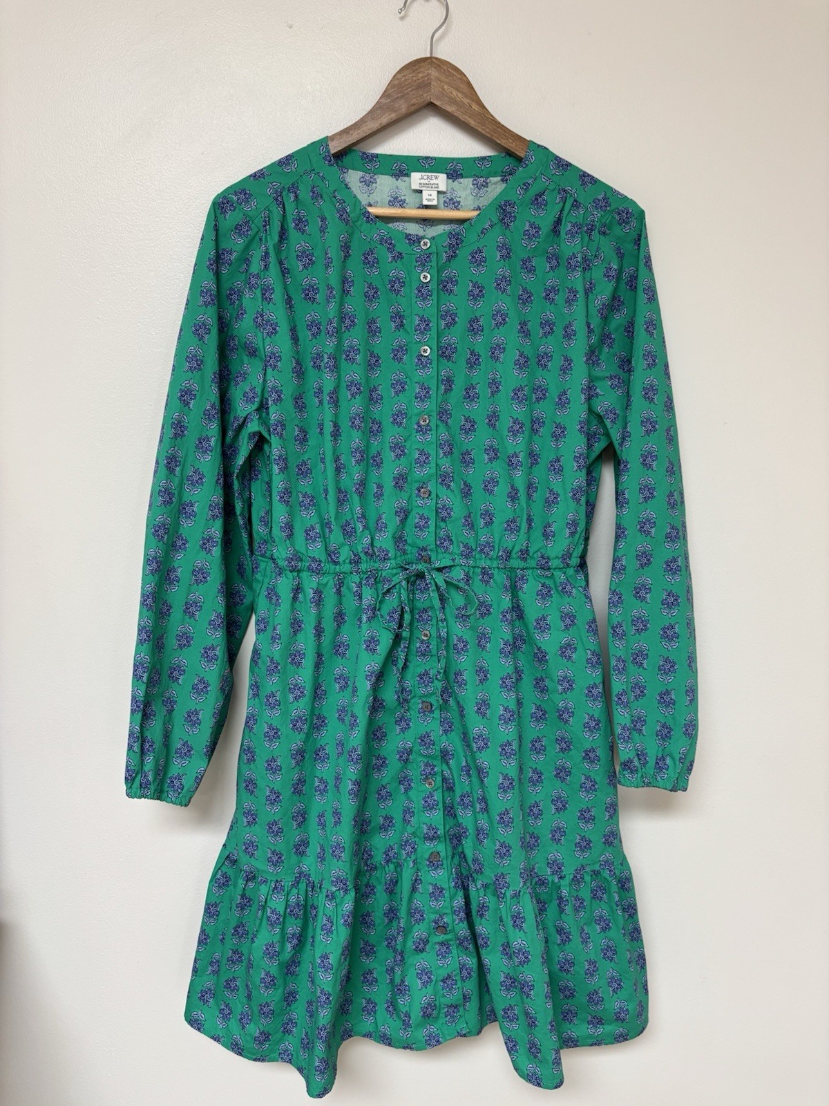J.Crew Preppy Cottagecore Green Blue Floral Ruffle Hem Dress 14