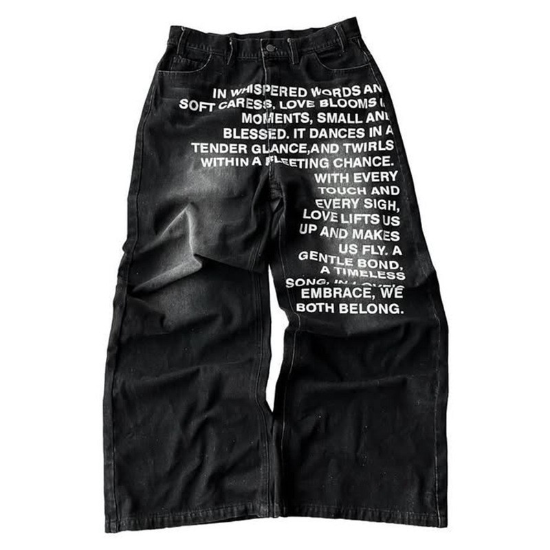 Vintage Letter Pattern Printed Washed Jeans Vintage Letter Pattern Printed Washed Jeans