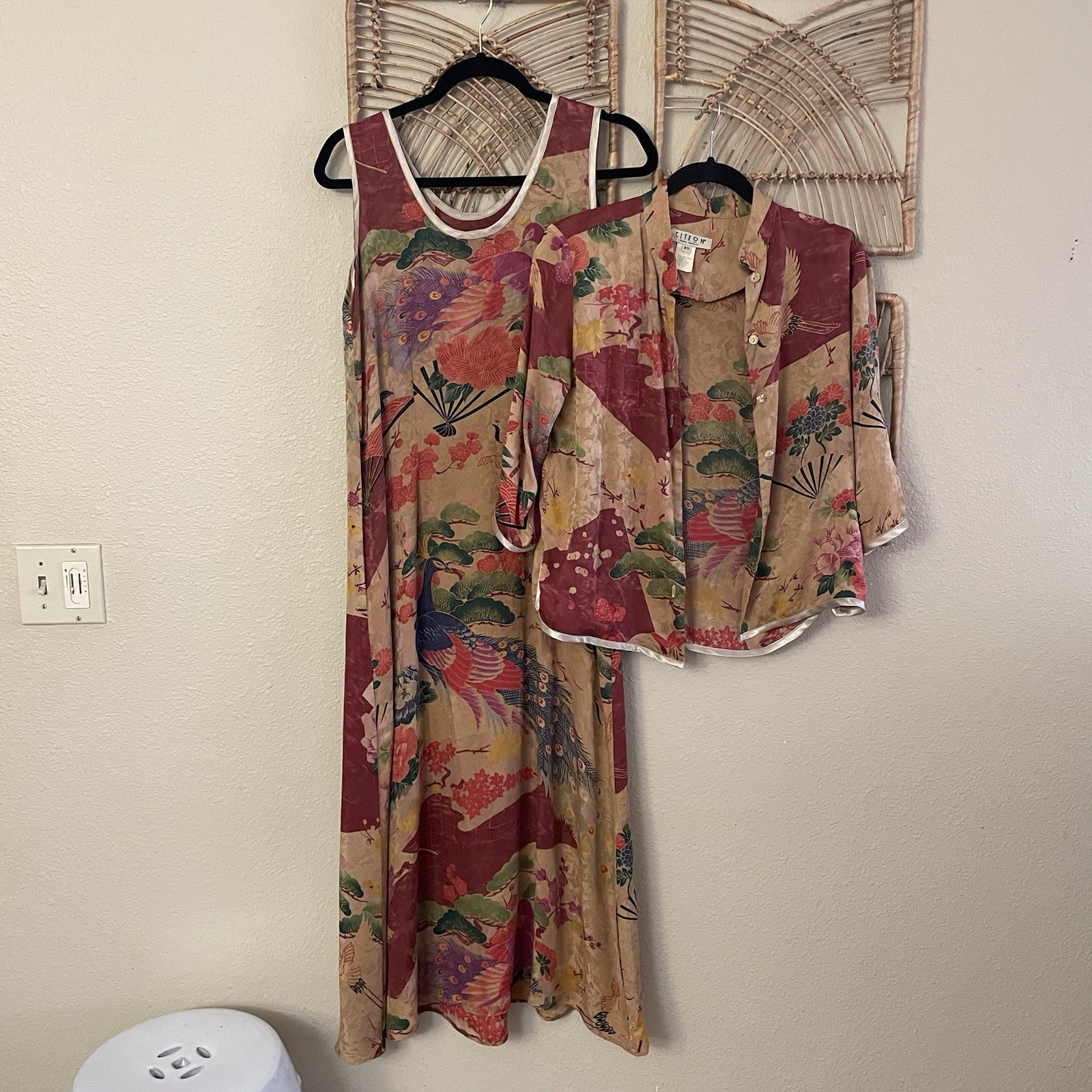 Vintage Citron Santa Monica Silk 2-Piece Maxi Dress & Blouse Peacock Sz XS B17