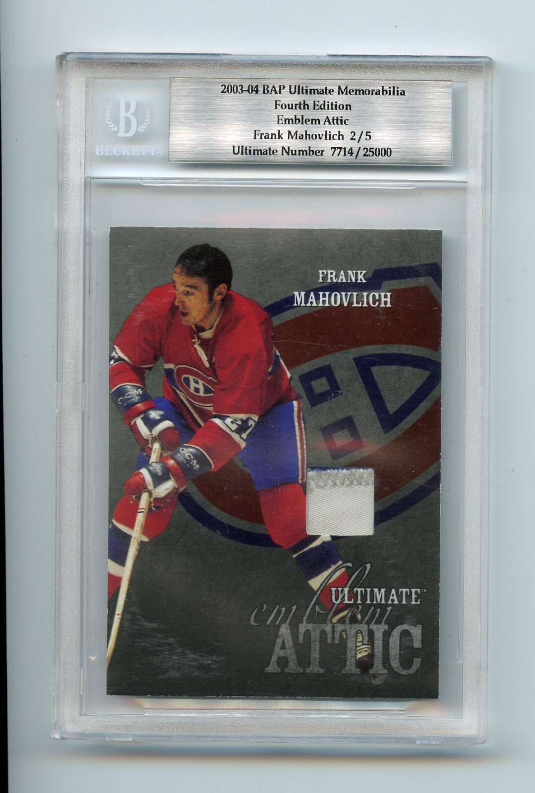 03-04 BAP Ultimate Emblem Attic Frank Mahovlich 2/5 Canadiens Game-Used Patch 03-04 BAP Ultimate Emblem Attic Frank Mahovlich 2/5 Canadiens Game-Used Patch