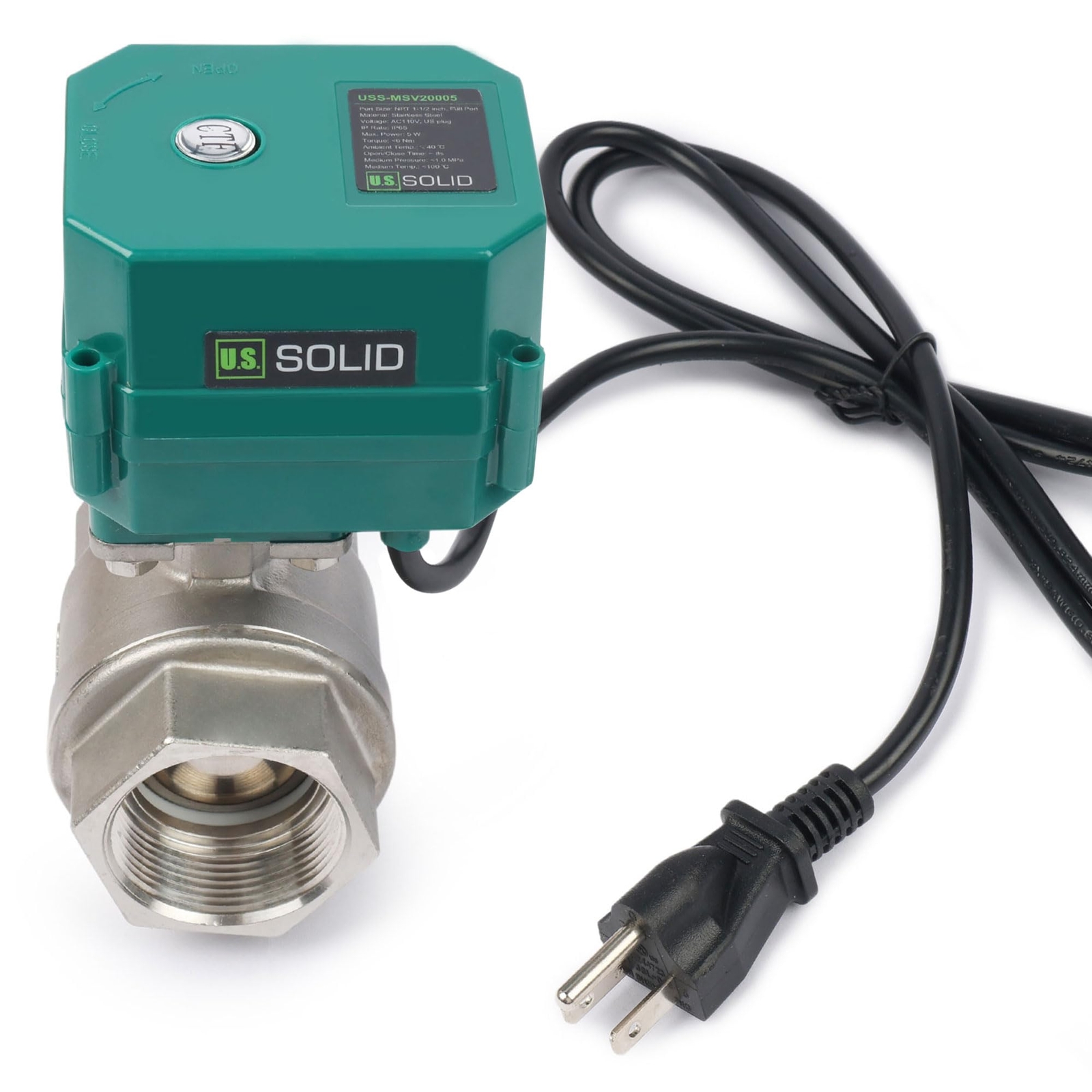 U. S. Solid Motorized Ball Valve w/ US Plug 1 1/2in SS AC 110V NC Green Casing U. S. Solid Motorized Ball Valve w/ US Plug 1 1/2in SS AC 110V NC Green Casing