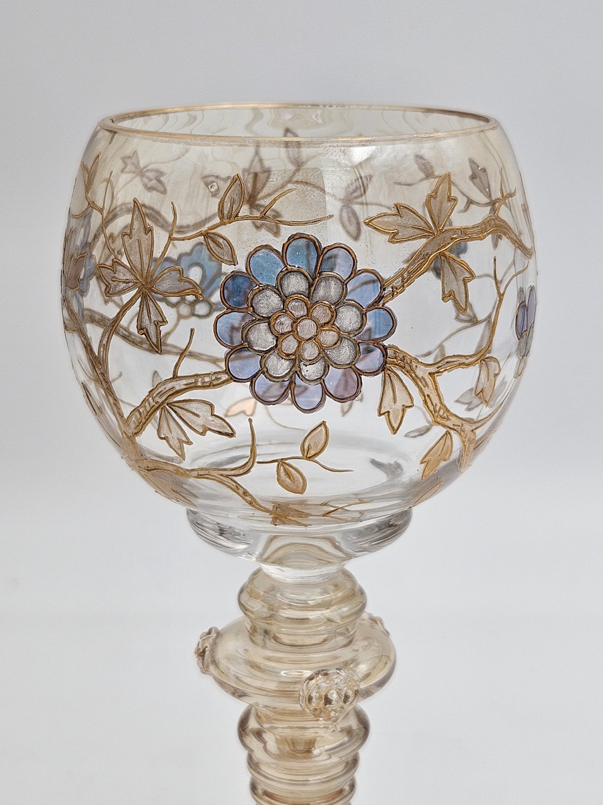 Fritz Heckert Hand Enameled White Blue Gold Floral SIGNED Luster Hock Wine Glass Fritz Heckert Hand Enameled White Blue Gold Floral SIGNED Luster Hock Wine Glass