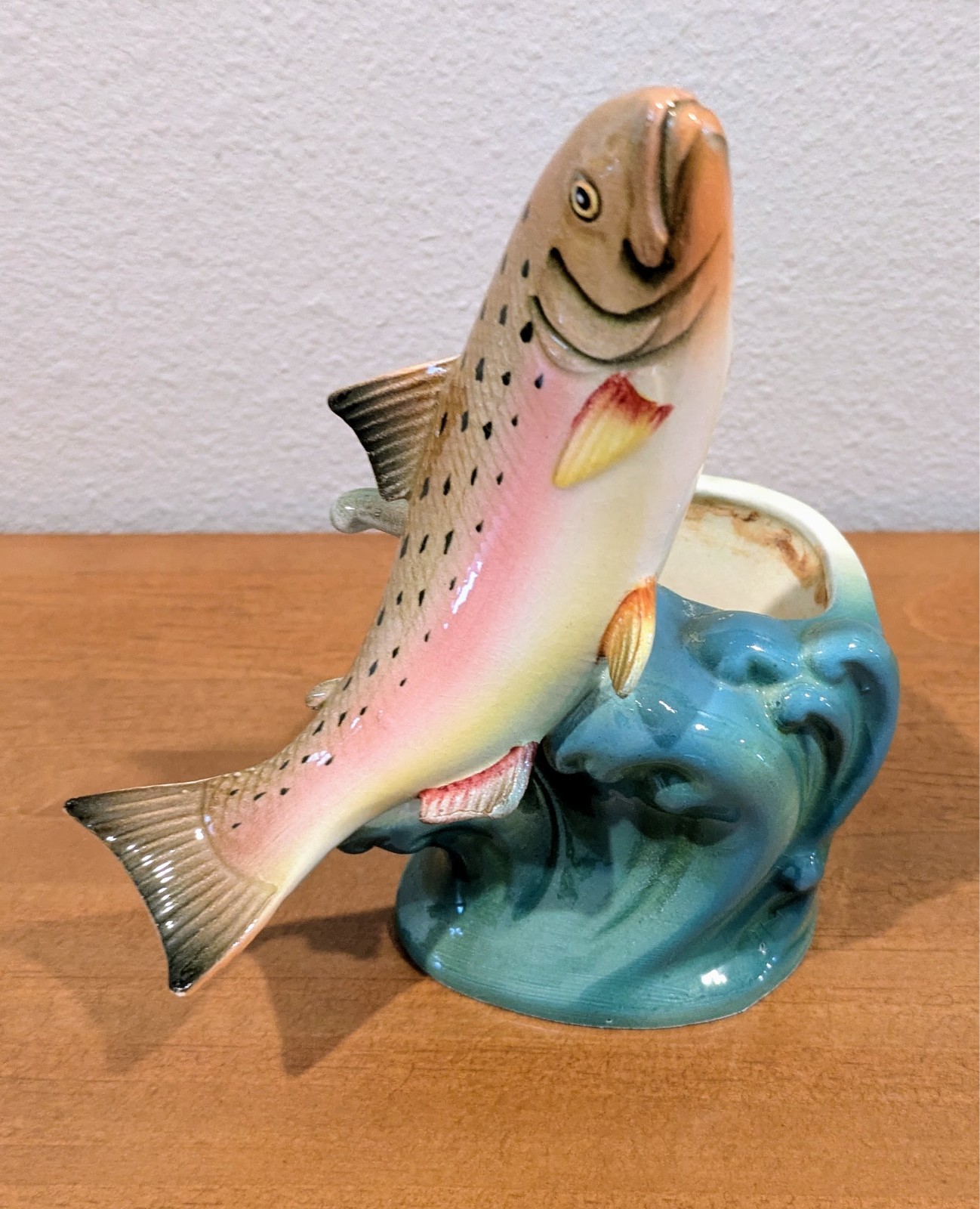 Vintage MCM Hand Painted Ceramic Rainbow Trout Fish Planter - Made in Japan