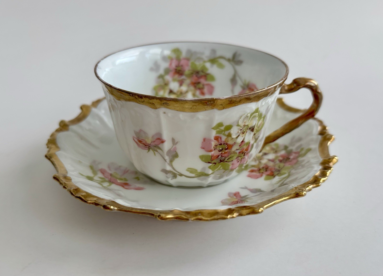 Antique Coronet Limoges France Teacup Saucer Pink Floral Gold Gilt c1915
