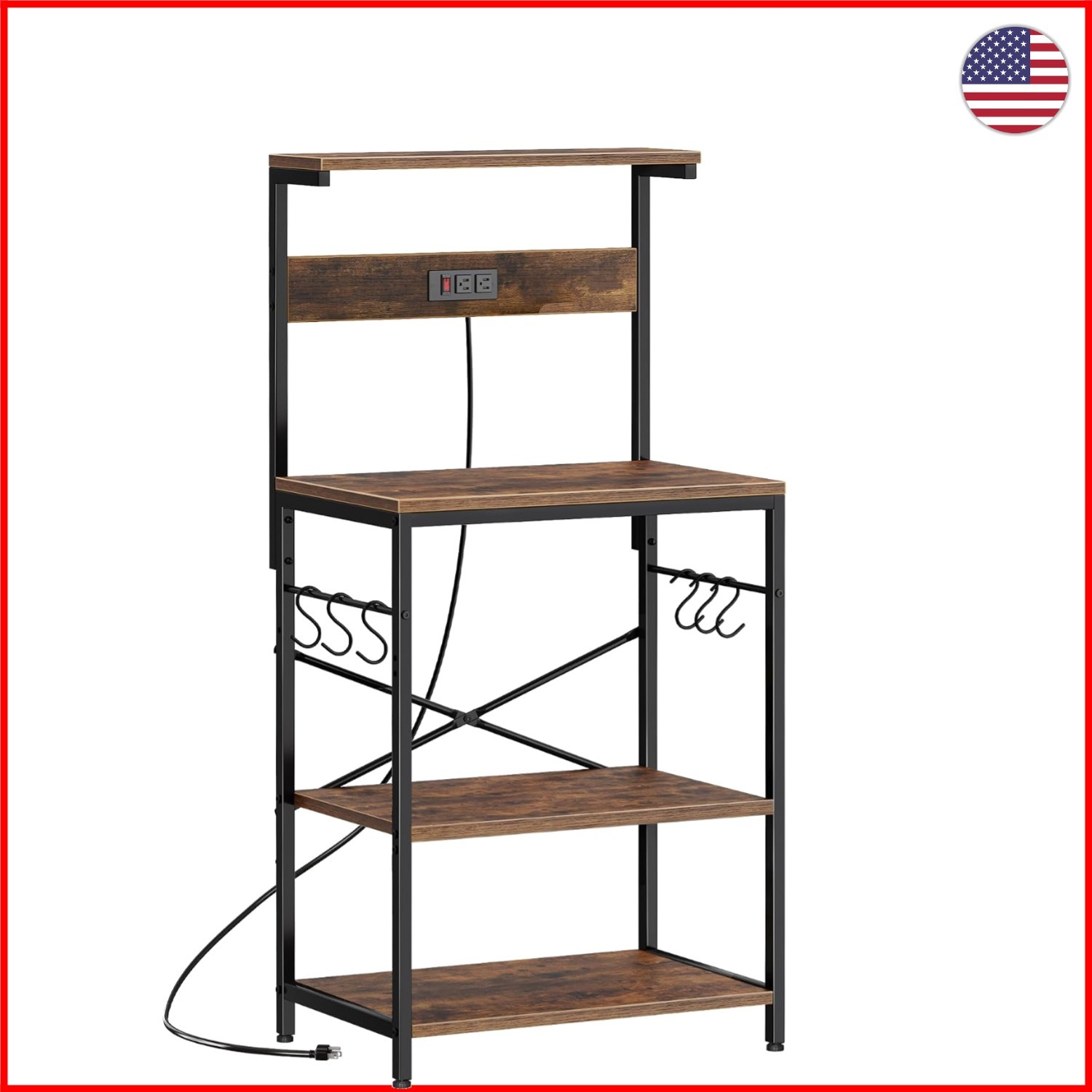 Rustic 4-Tier Kitchen Bakers Rack with Power Outlet & S-Hooks - Elegant Storage