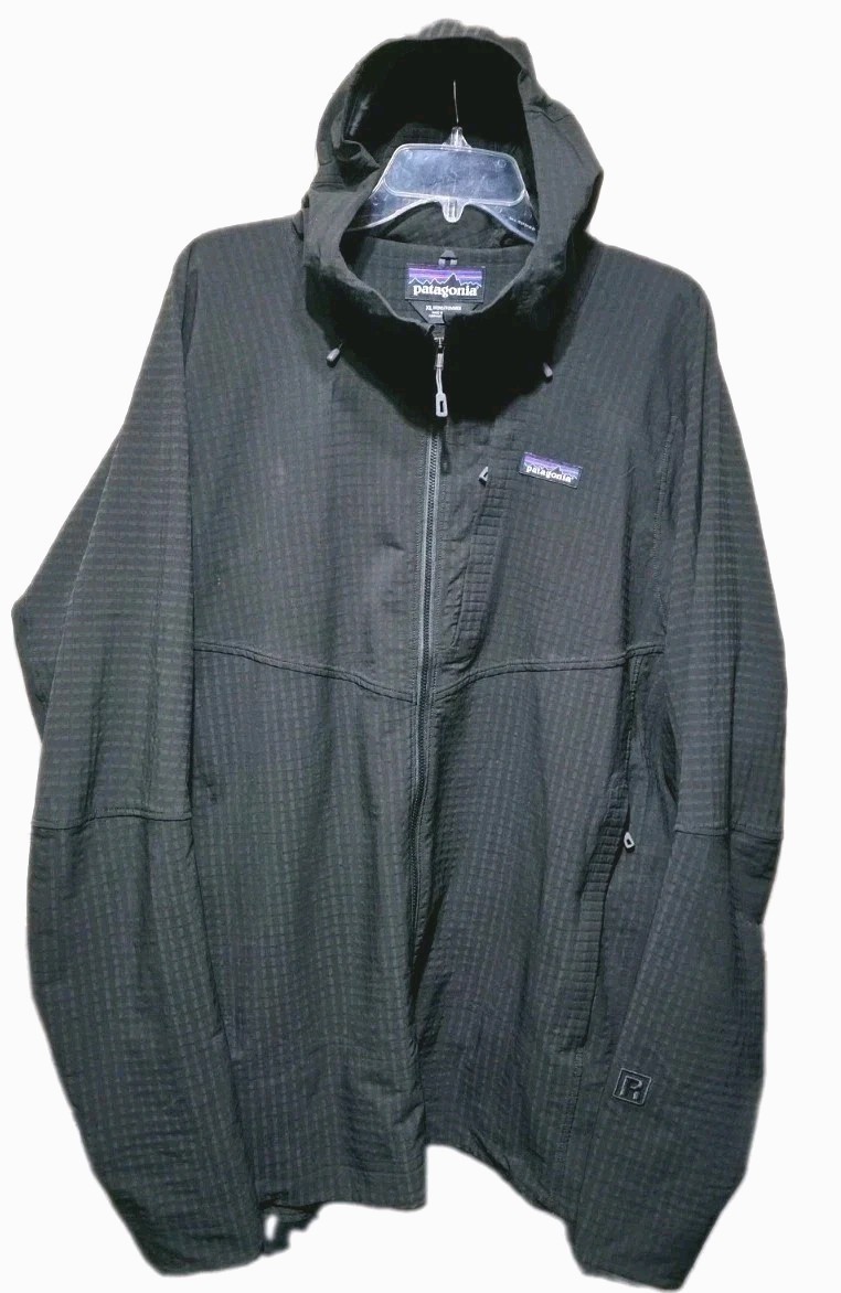 PATAGONIA Worn Wear Mens Hooded Warm.Up Jacket, Black Woven Check Full Zip-(XL)