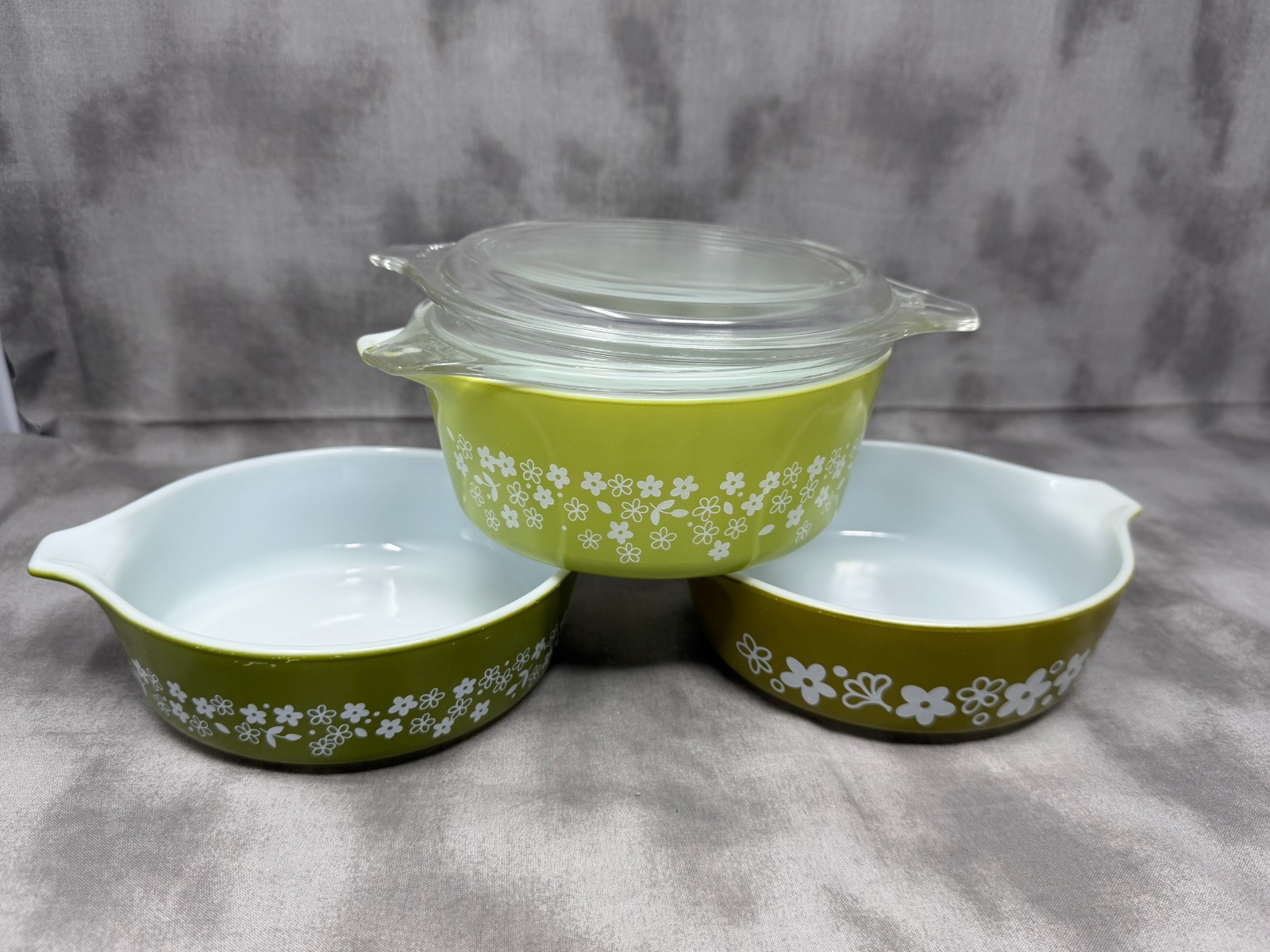 Vintage Pyrex Spring Blossom Green Crazy Daisy 471 472 Casseroles Lids 4 Pc
