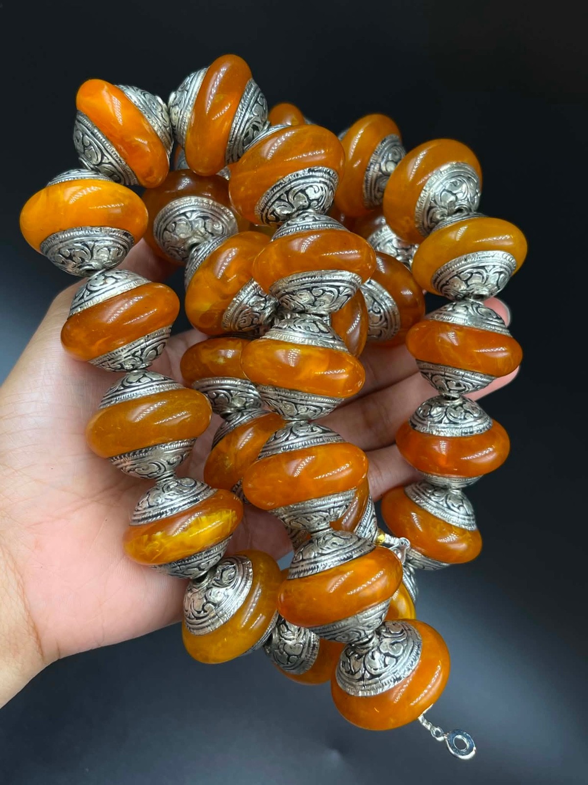 Unique silver Old Real Antique Bakelite lovely Amber Sandalos Necklace