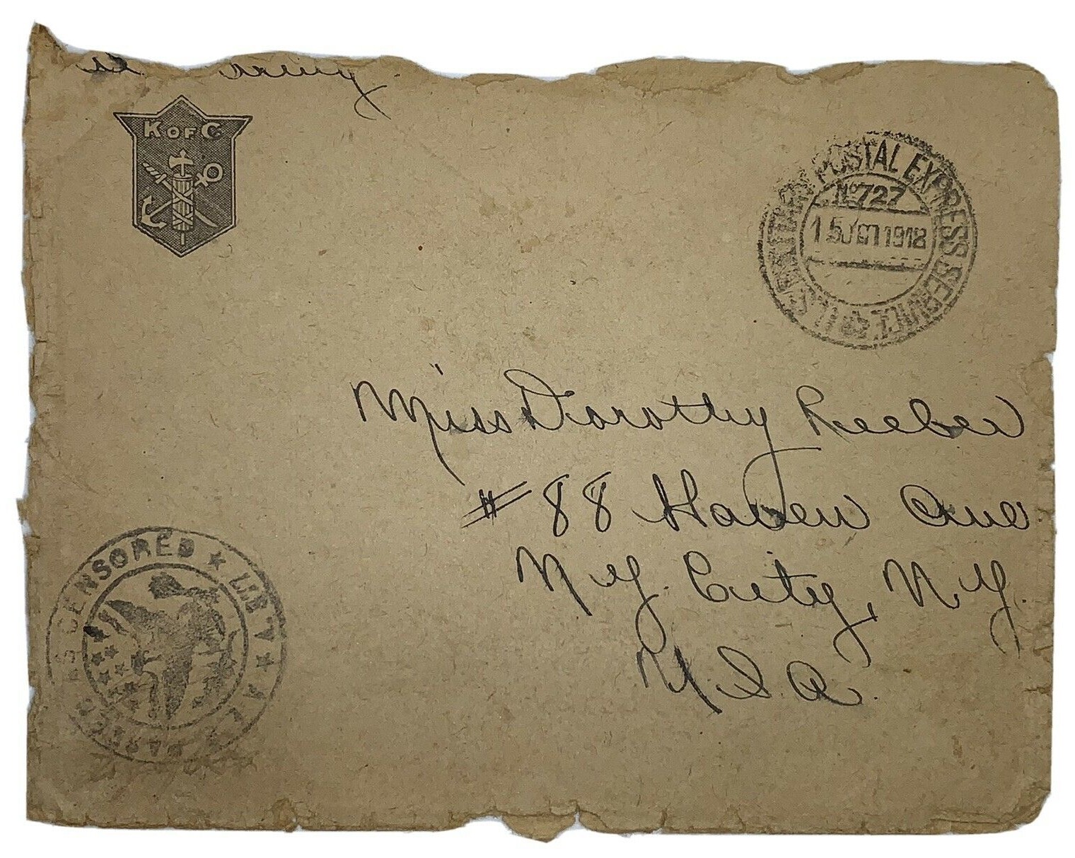 1918 KNIGHTS OF COLUMBUS US MILITARY POSTAL EXPRESS SERVICE CENSORED COVER 1918 KNIGHTS OF COLUMBUS US MILITARY POSTAL EXPRESS SERVICE CENSORED COVER