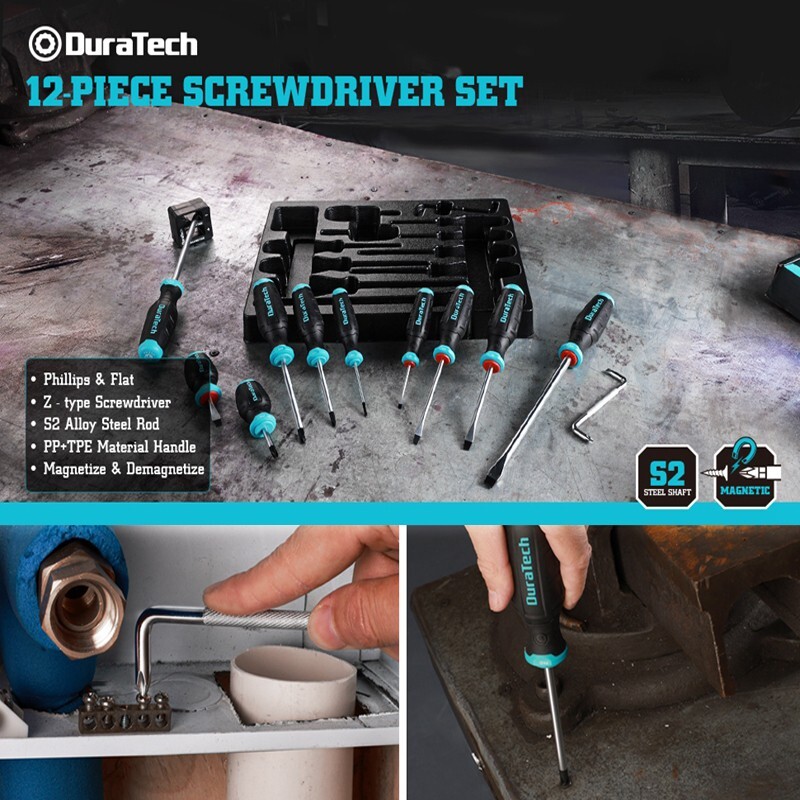 DURATECH 12PCS Screwdriver Set 5 Phillips Slotted Tip S2 Alloy Steel Screwdriver