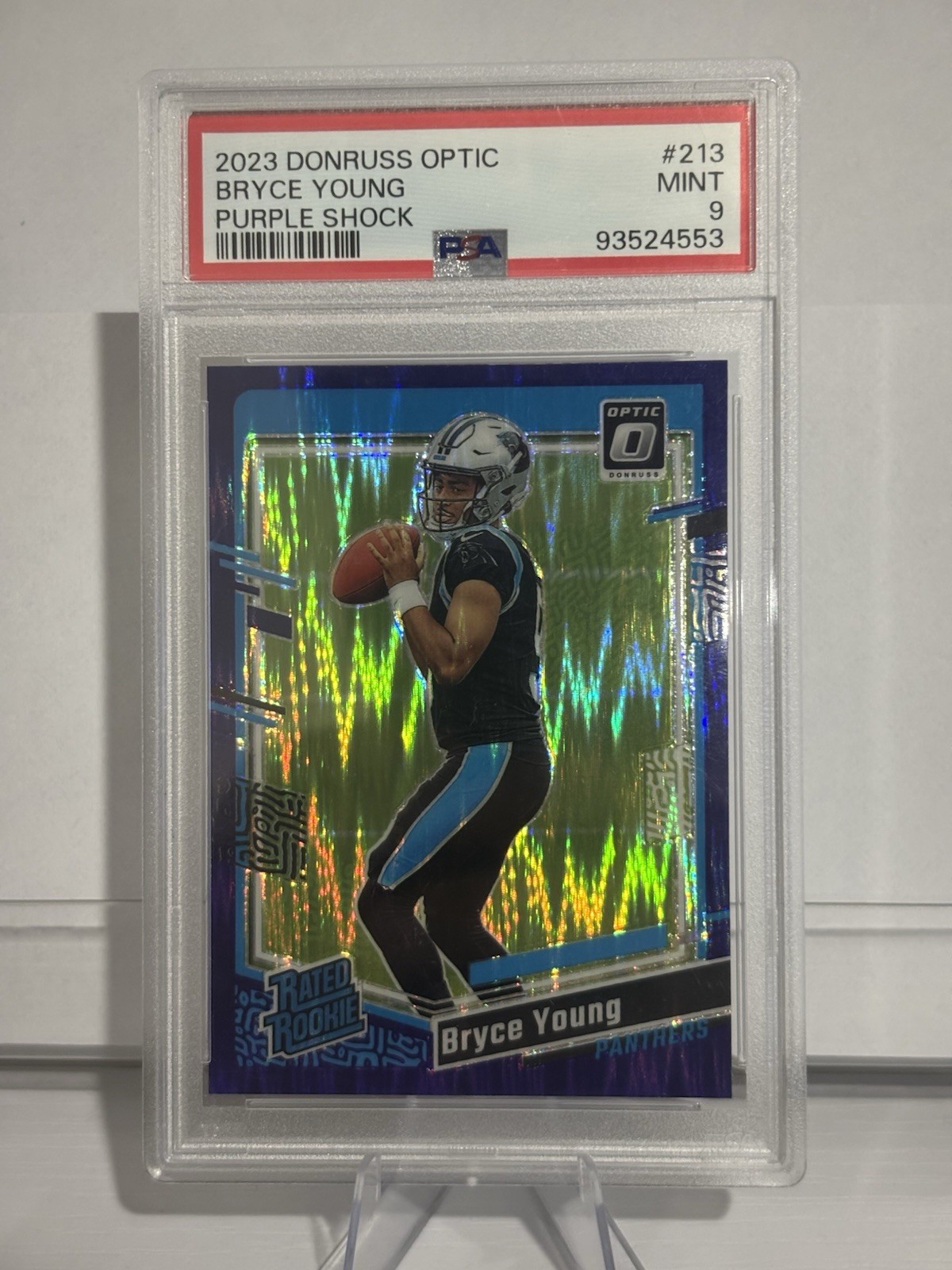 Panini 2023 Donruss Optic Bryce Young Rated Rookie Purple Shock #213 PSA 9 Panini 2023 Donruss Optic Bryce Young Rated Rookie Purple Shock #213 PSA 9