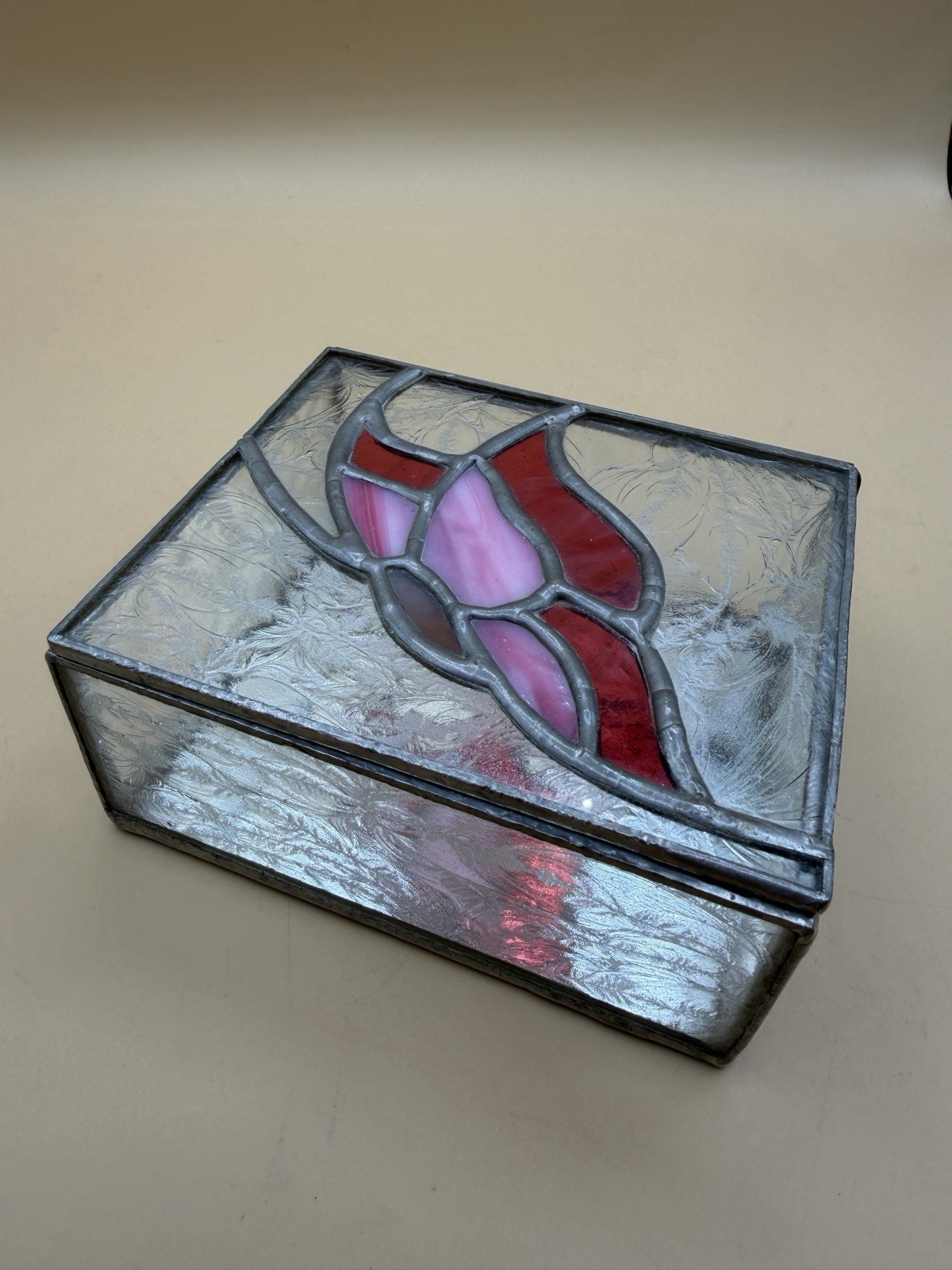 Vintage Etched Stained Glass Trinket Box BUTTERFLY