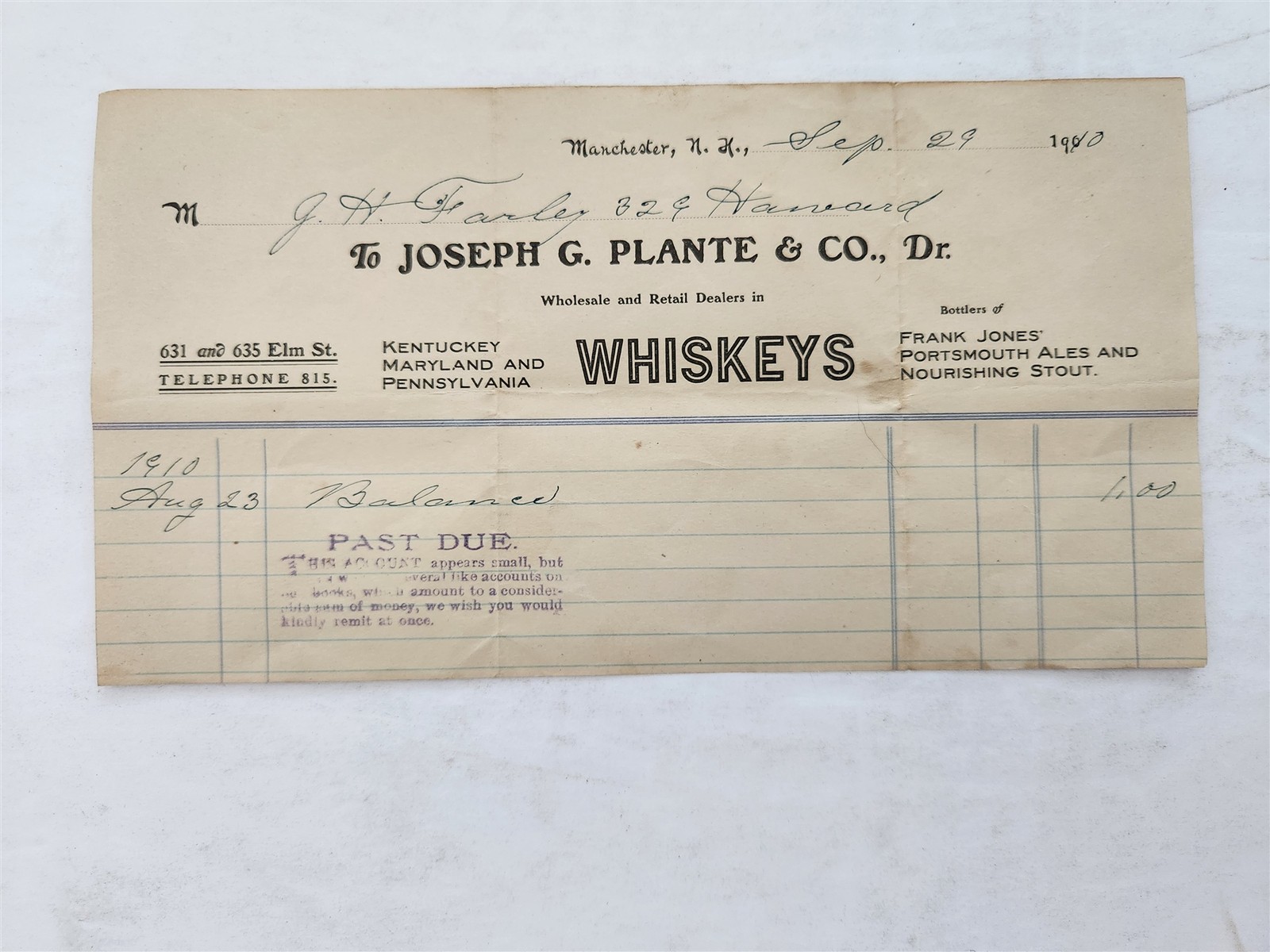 1910 antique JOSEPH G PLANTE & CO manchester nh WHISKEY bottlers FRANK JONES ALE