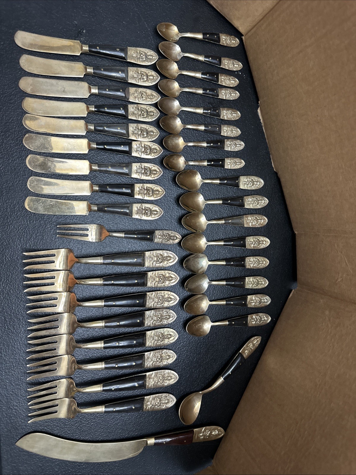 Vintage 1950's MCM Siam Bronze Black Wood Flatware 36 Piece Set Buddha Thailand Vintage 1950's MCM Siam Bronze Black Wood Flatware 36 Piece Set Buddha Thailand