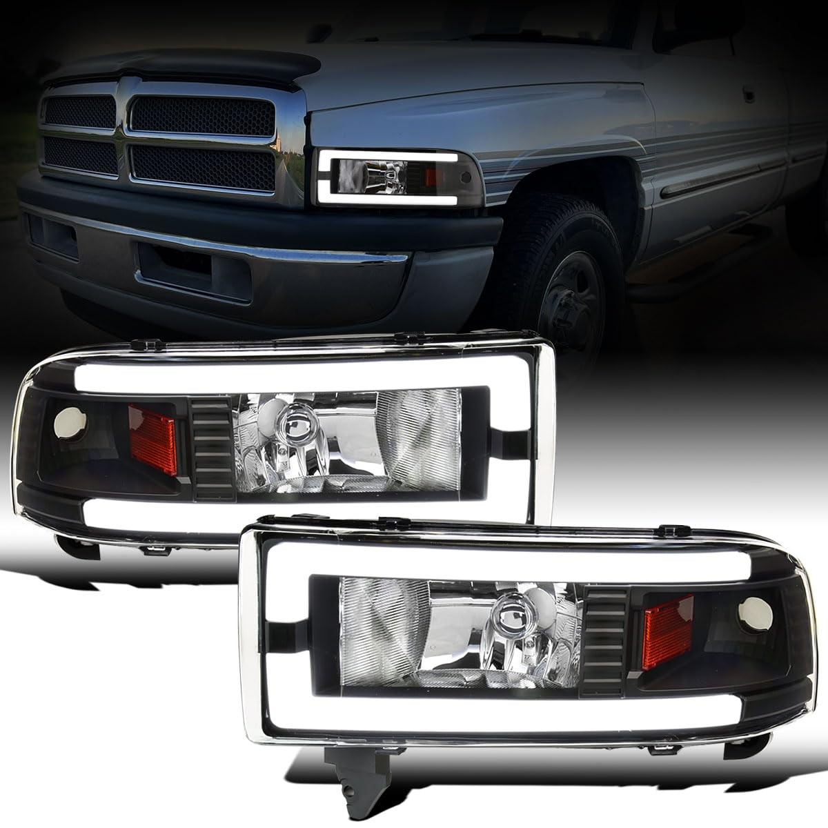 - Fits 1994-2001 Dodge Ram 1500 94-02 2500 3500 LED Tube Headlights