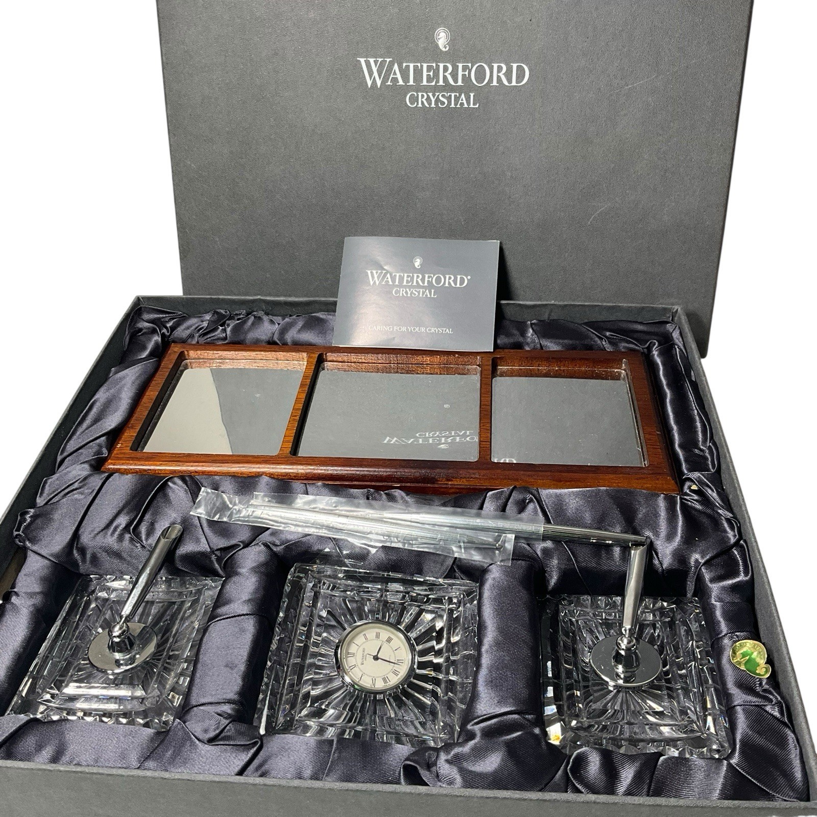 VTG Waterford Crystal Executive Desk Clock with Pens Mirror Base & Box Ireland VTG Waterford Crystal Executive Desk Clock with Pens Mirror Base & Box Ireland