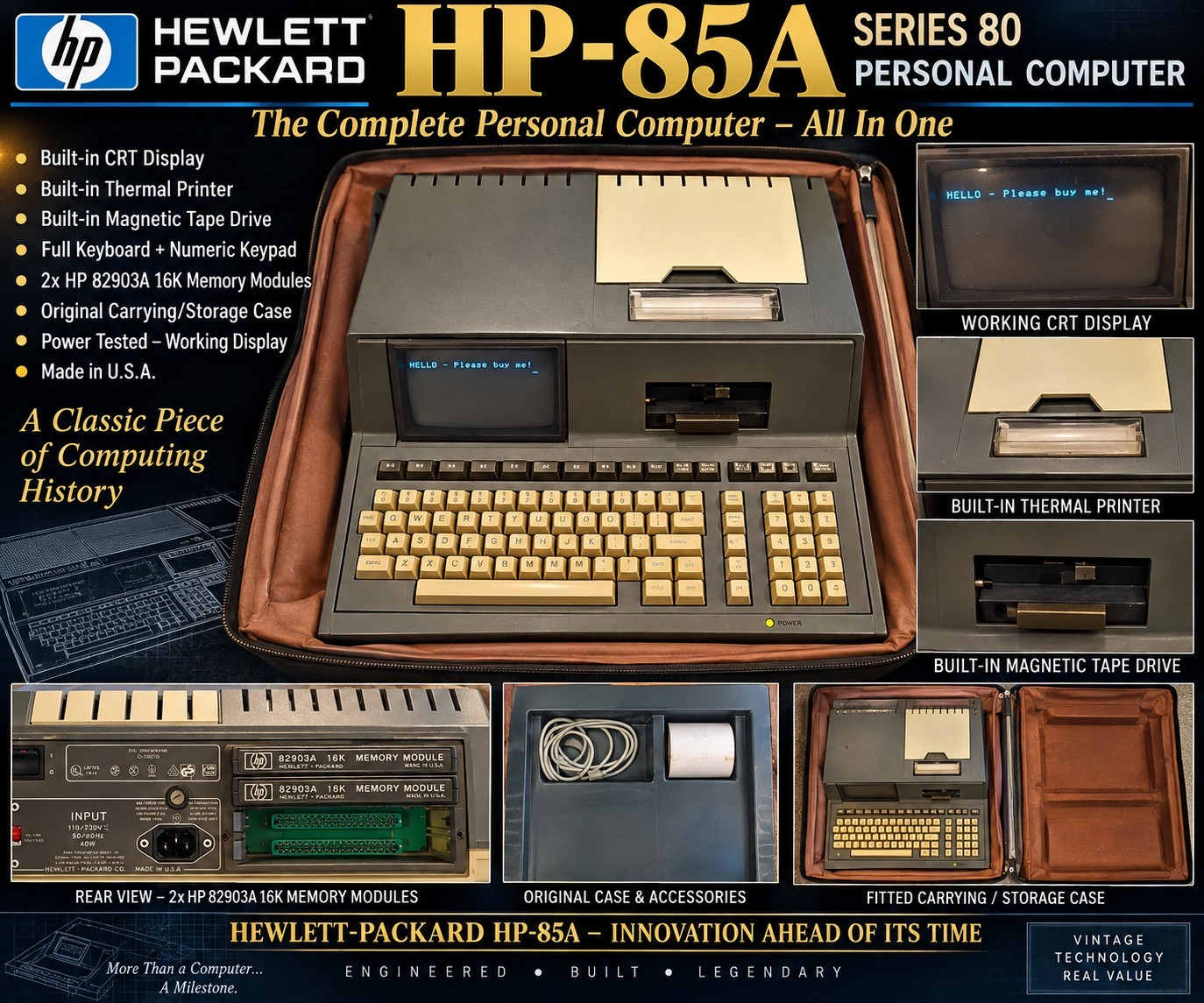 Vintage HP-85A Series 80 Computer Hewlett Packard Working Powers On + Case RAM