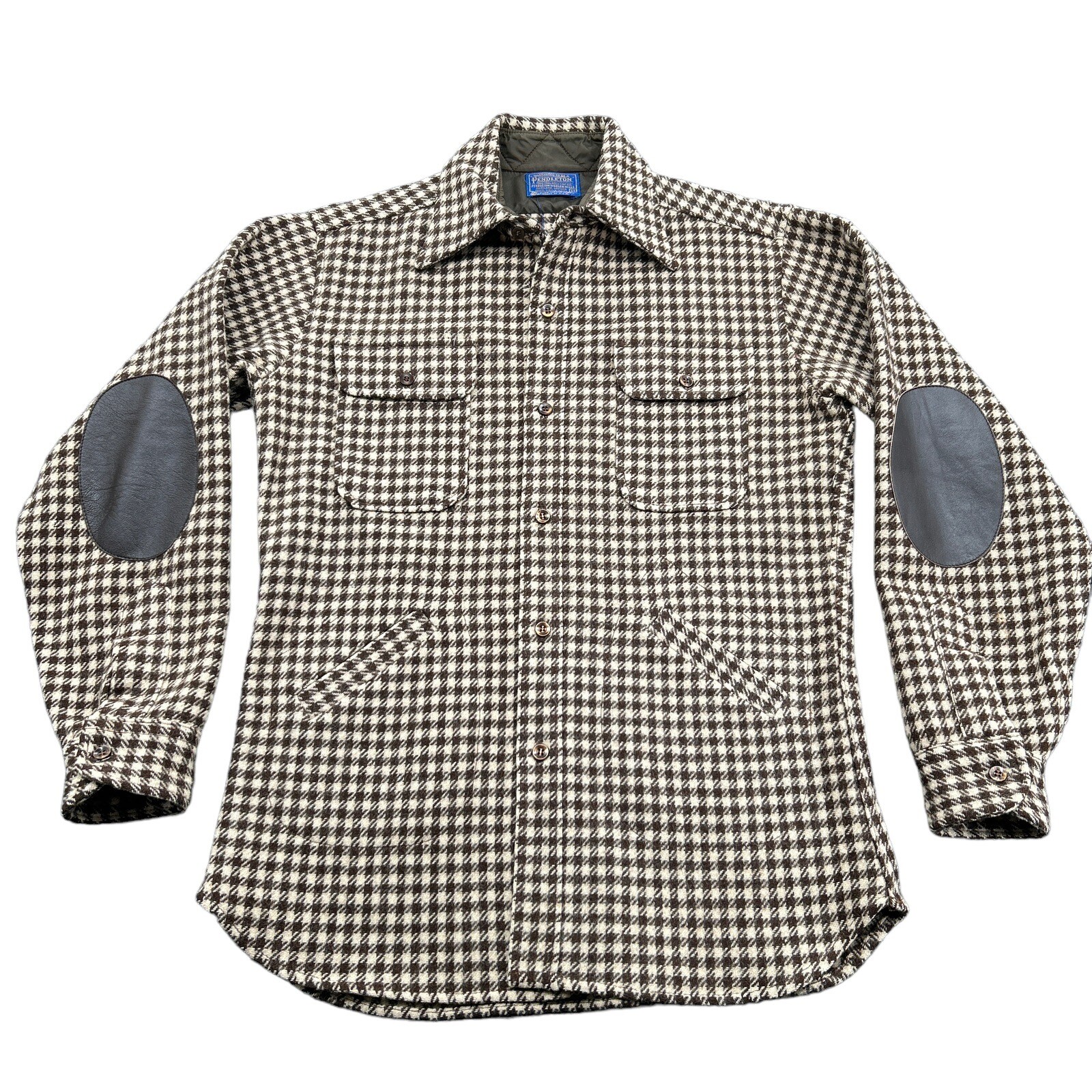 Vtg pendleton shirt Jacket men M 4 pocket leather elbow Patch Houndstooth brown Vtg pendleton shirt Jacket men M 4 pocket leather elbow Patch Houndstooth brown