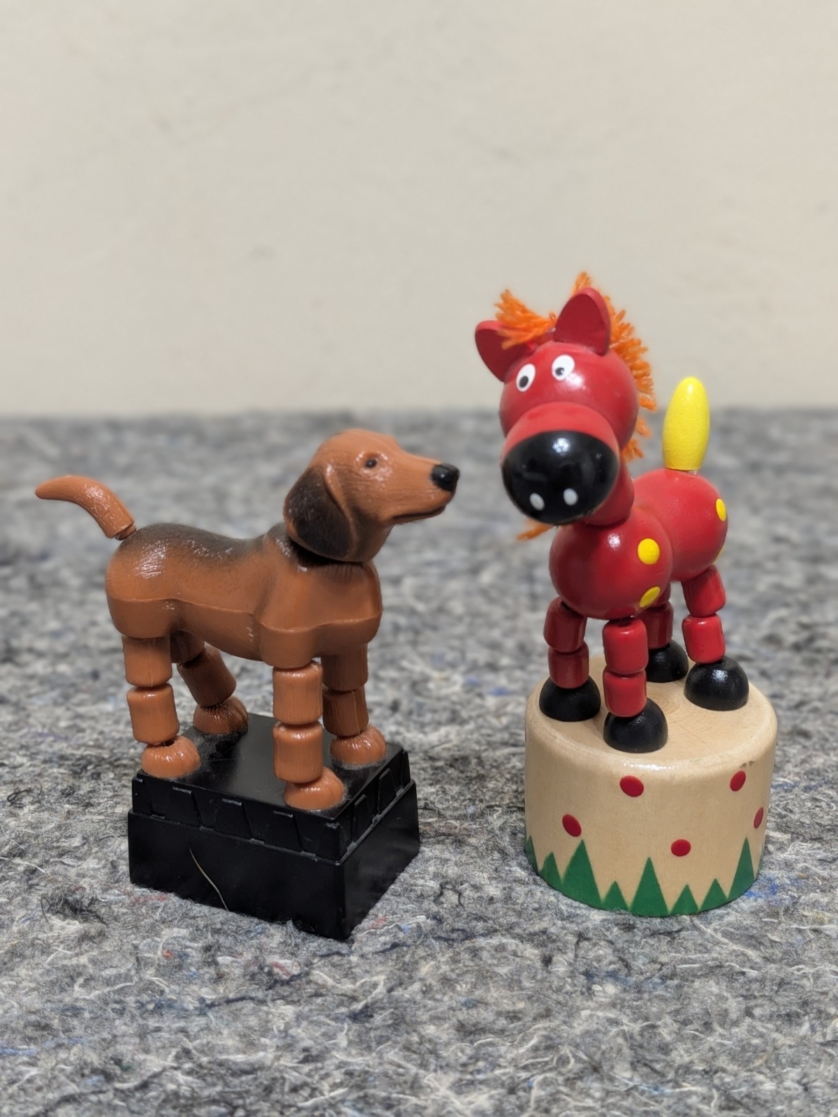 Vintage Lot Collapsible Push Button Toys: Plastic Hound Dog & Red Wooden Horse Vintage Lot Collapsible Push Button Toys: Plastic Hound Dog & Red Wooden Horse