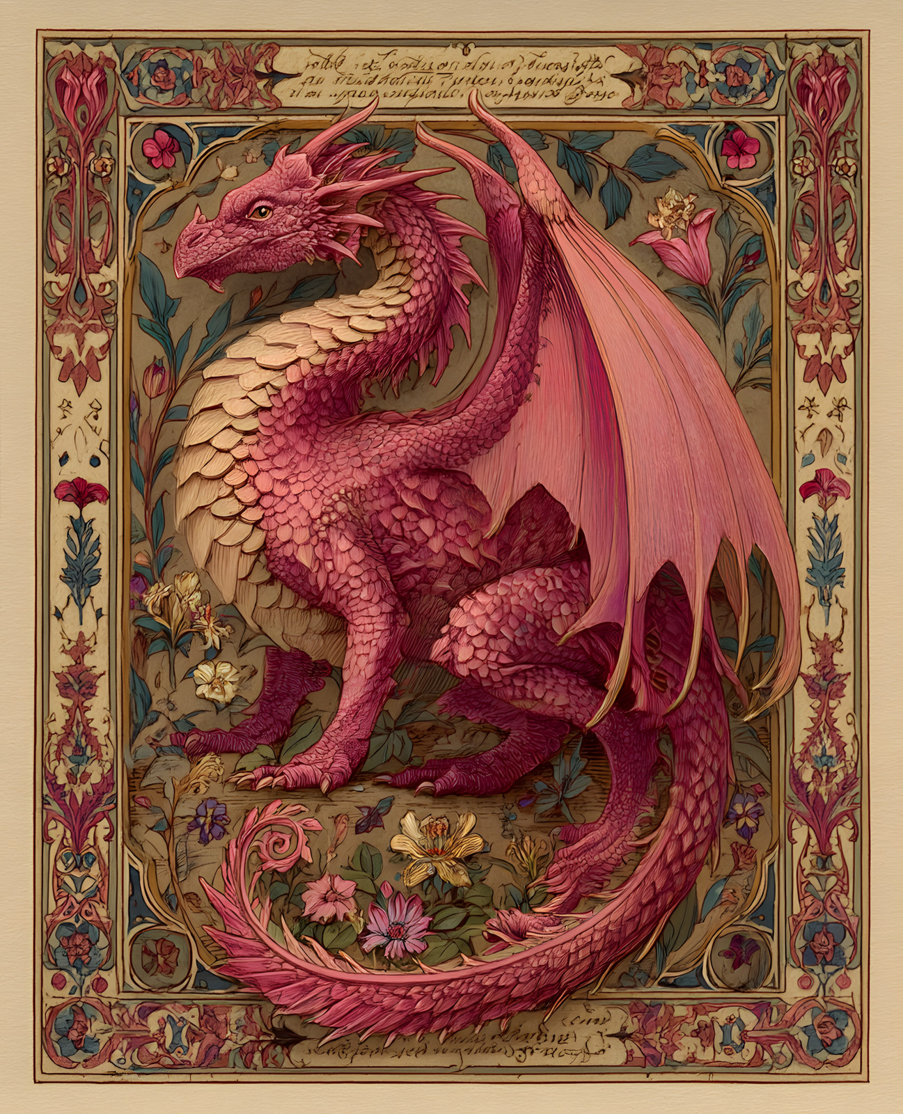 8x10 Pink Dragon with a Floral Background Fine Art Print - 238042820 8x10 Pink Dragon with a Floral Background Fine Art Print - 238042820