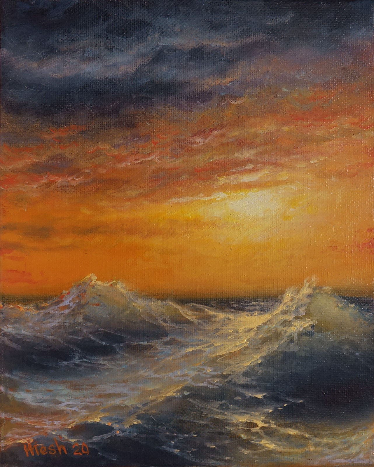 8x10 MESH ORIGINAL OIL CANVAS PAINTING SEA FINE ART SEASCAPE SUNSET STORM OCEAN