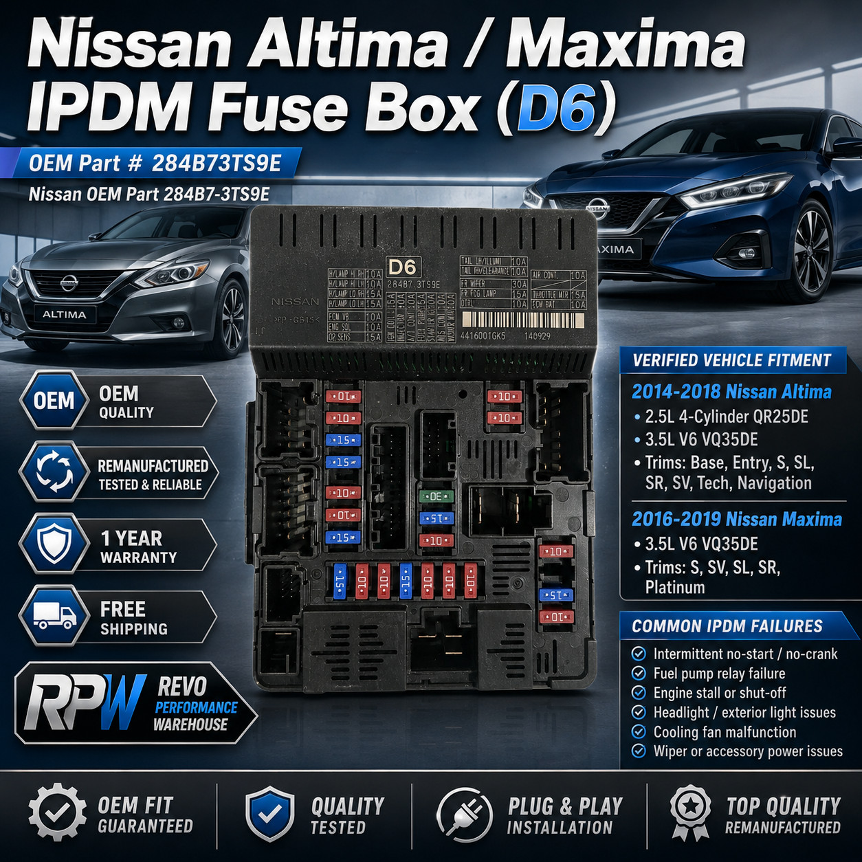 ☑️ 13-18 Nissan Altima /Maxima IPDM Fuse Box (D6) 284B73TS9E OEM 1yr Warranty
