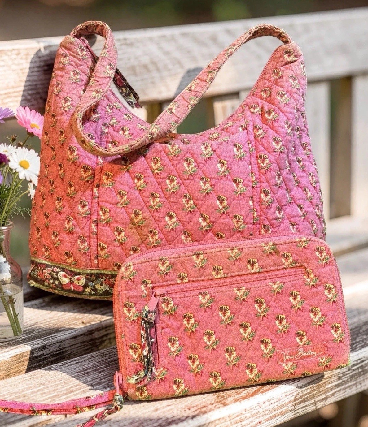 Vera Bradley Bundle Set Pink Pansy Hobo Shoulder Bag & Large Wallet Y2K Vintage