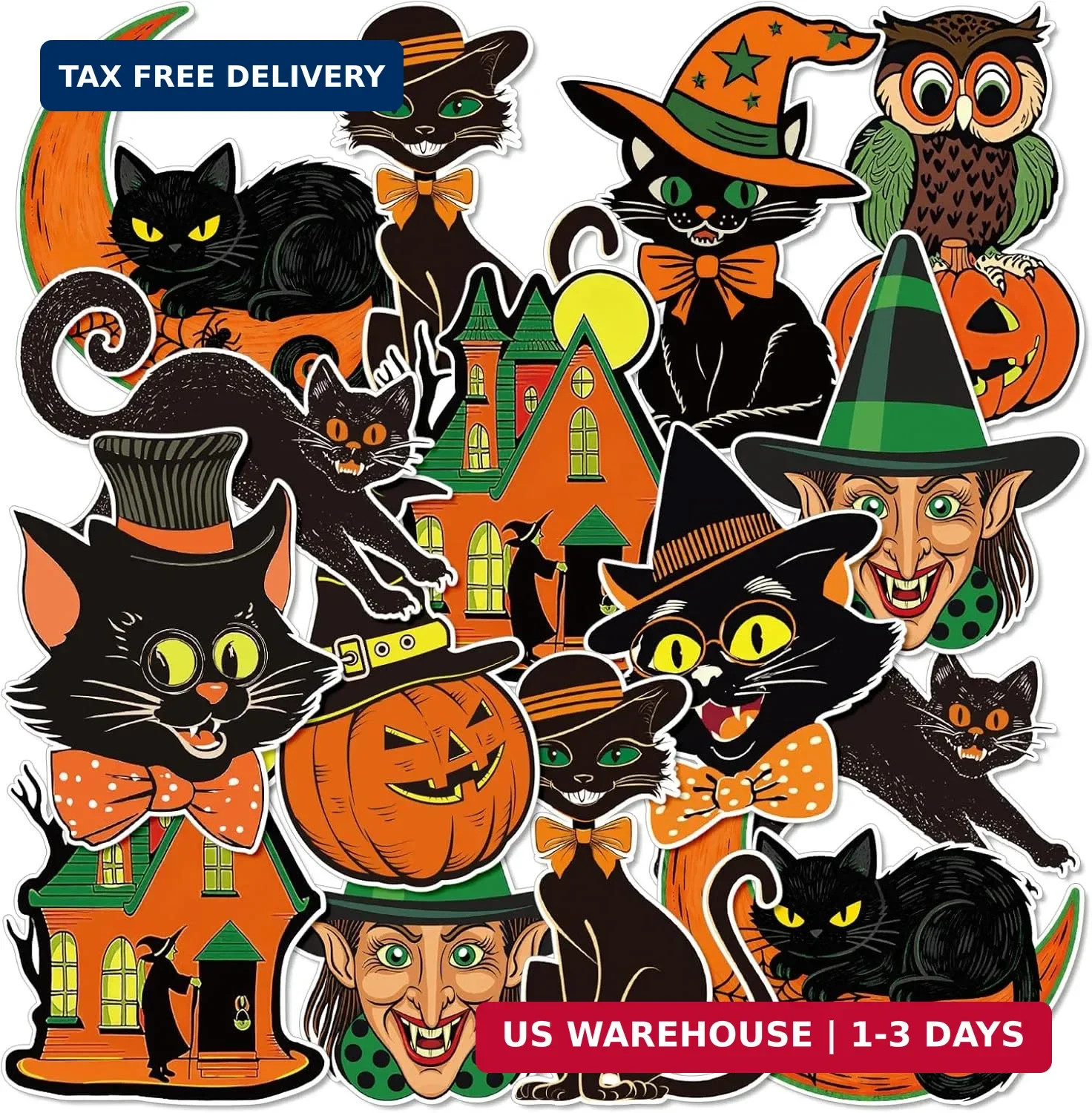 Whaline 40Pcs Vintage Halloween Cutouts, Retro Pumpkin Witch Cat Owl Assorted Cu Whaline 40Pcs Vintage Halloween Cutouts, Retro Pumpkin Witch Cat Owl Assorted Cu