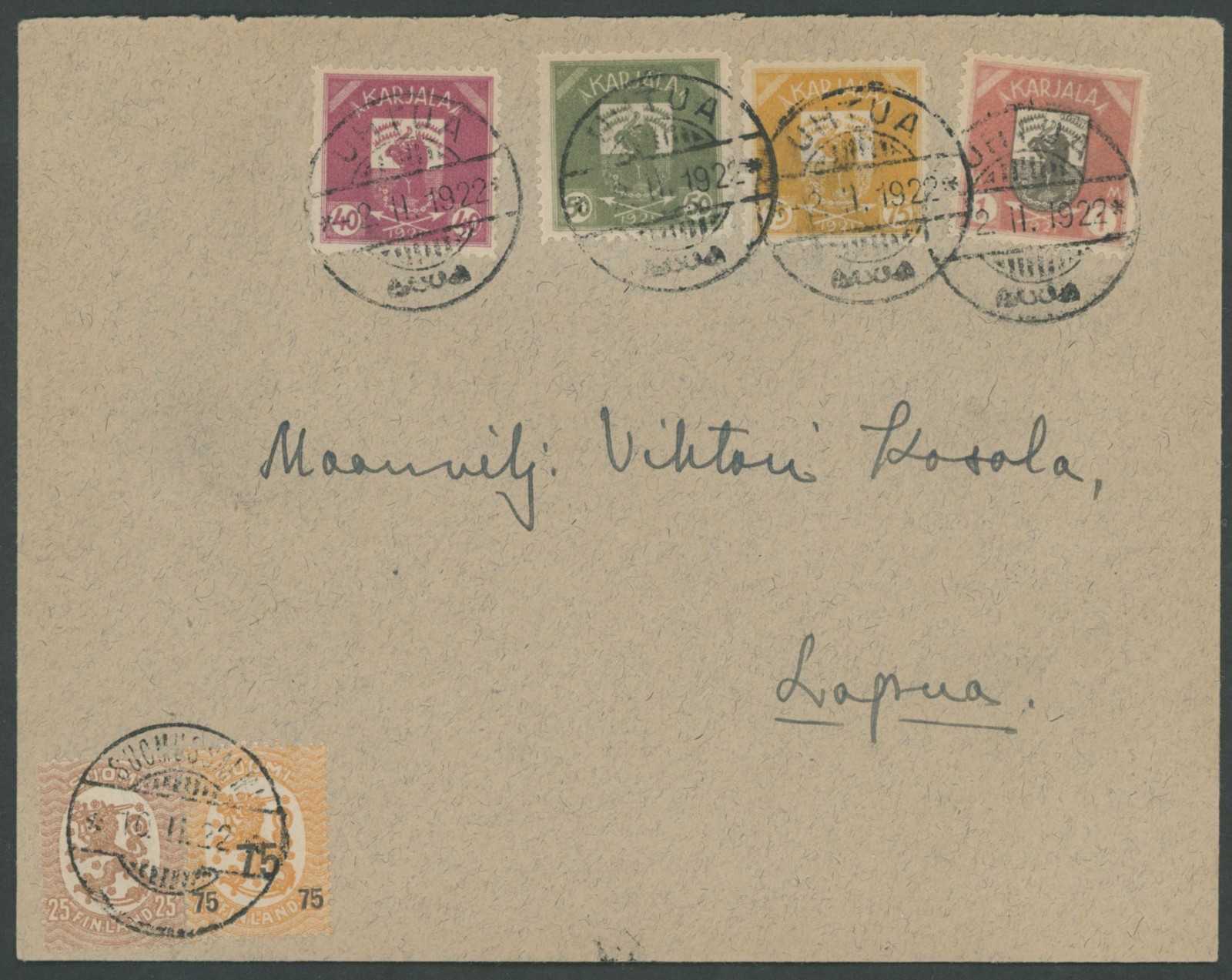 1922 KARELIA 4 BEAR STAMPS ON MIXED FRANKING COVER TO FINLAND, SC.#5-8