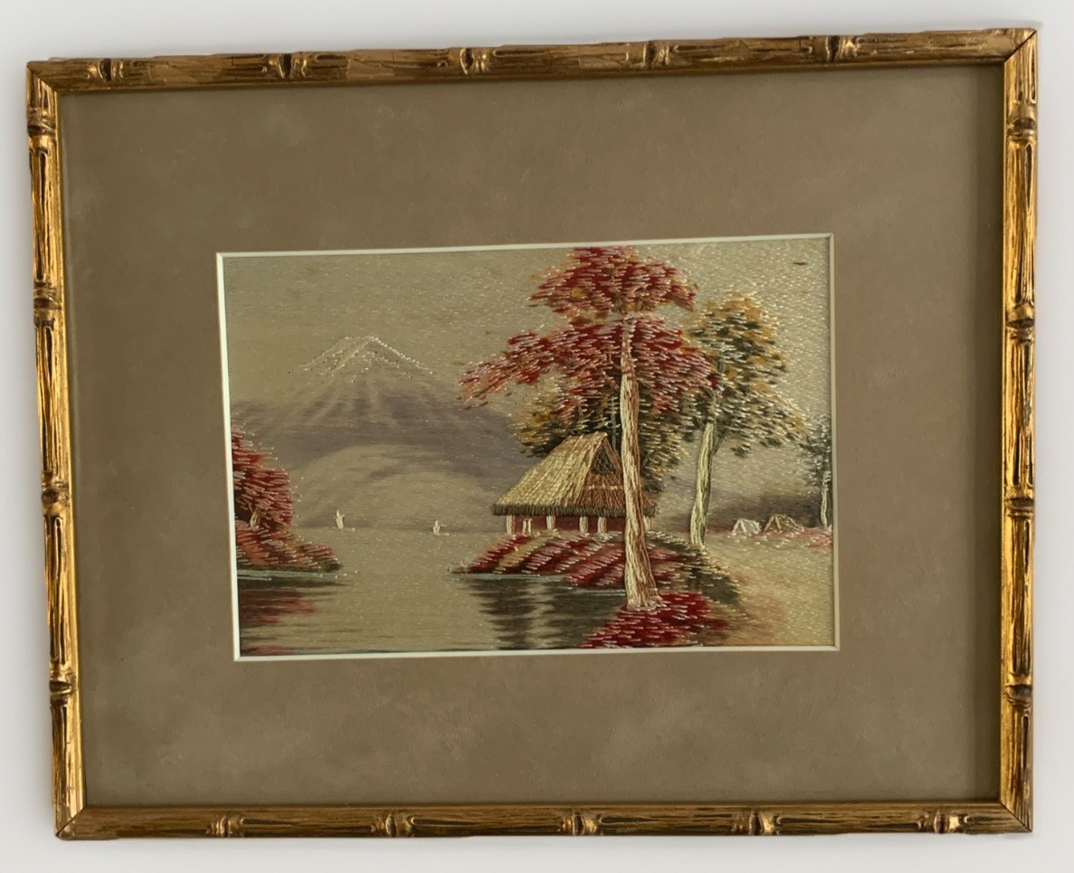 VTG Japanese Village Lake Mountain Hand Stitch Silk Embroidery Framed Art 12x10” VTG Japanese Village Lake Mountain Hand Stitch Silk Embroidery Framed Art 12x10”