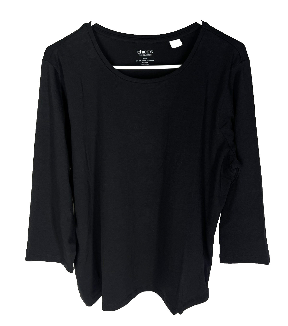 Chico\'s Top Womens XL (3) Black True Color Tee Round Neck 3/4 Sleeve Pima Shirt Chico\'s Top Womens XL (3) Black True Color Tee Round Neck 3/4 Sleeve Pima Shirt