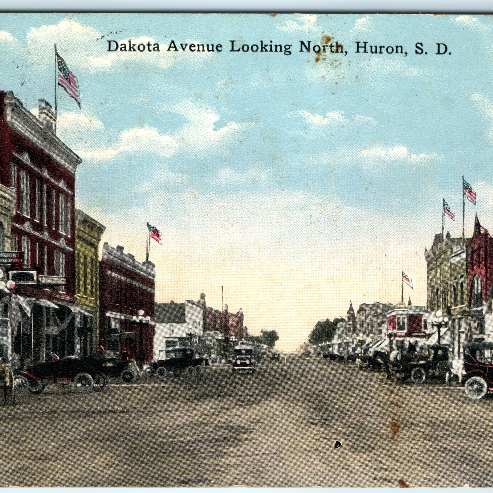 c1920s Huron, SD Postcard Dakota Avenue North Main St Downtown Cars Flag c1920s Huron, SD Postcard Dakota Avenue North Main St Downtown Cars Flag