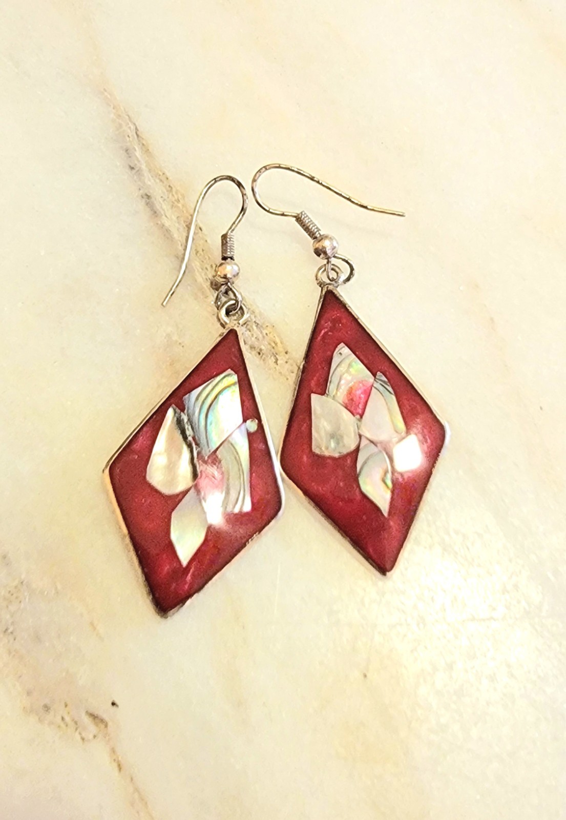 Vintage Mexican Alpaca Silver Abalone Shell Dangle Earrings Pink Diamond 