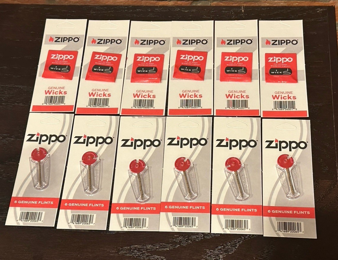 (12) Genuine Zippo Flint & Wick Packs (6) Wicks, (6) Flints (36-total Flints) (12) Genuine Zippo Flint & Wick Packs (6) Wicks, (6) Flints (36-total Flints)