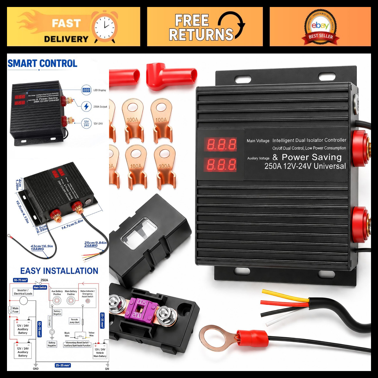 250 AMP Dual Battery Isolator 12V/24V Smart VSR, Universal Voltage, Heavy Duty