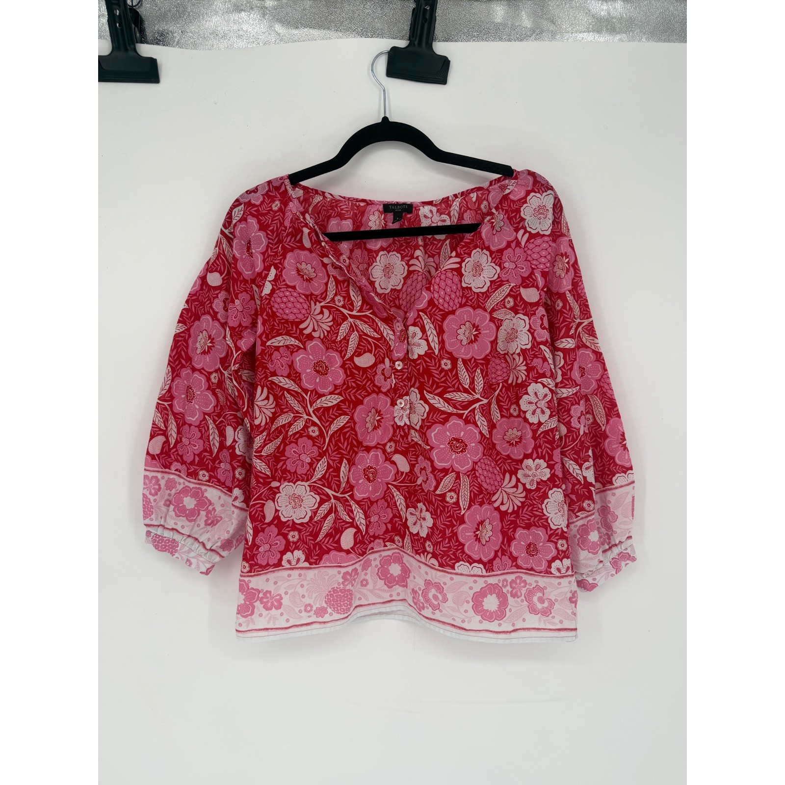 Talbots Blouse Women Petite P Pink Excellent Floral Cotton 3/4 Sleeve Top