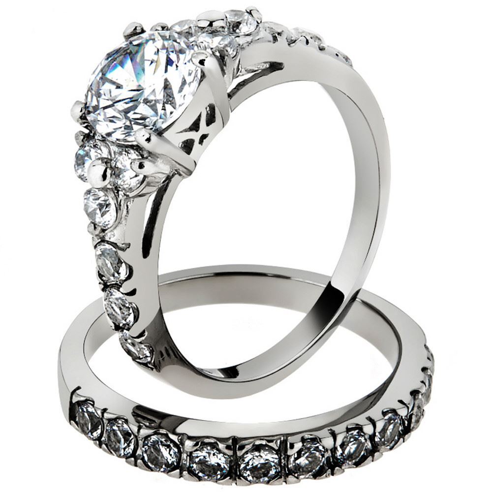 2.50 Ct Round Cut CZ Silver Stainless Steel Wedding Ring Set Women's Size 5-10