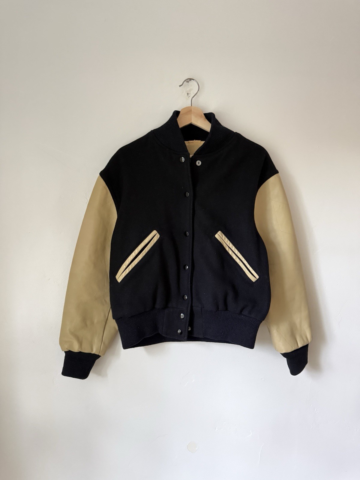 Vintage 60s Kaye Bros Chicago Varsity Letterman Jacket Black Wool Tan Leather 36