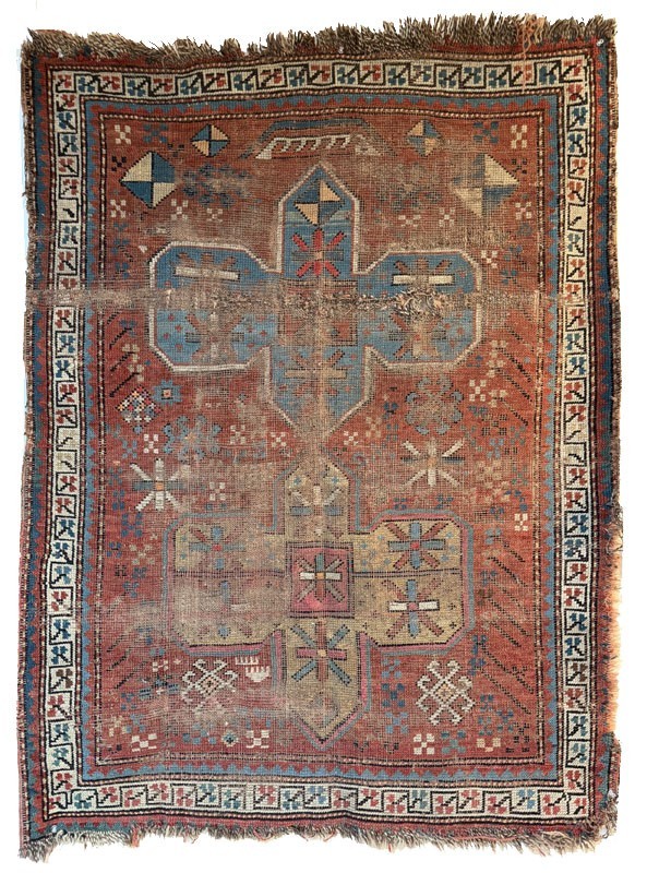 OLD TURKISH WOOL RUG WORN CONDITION