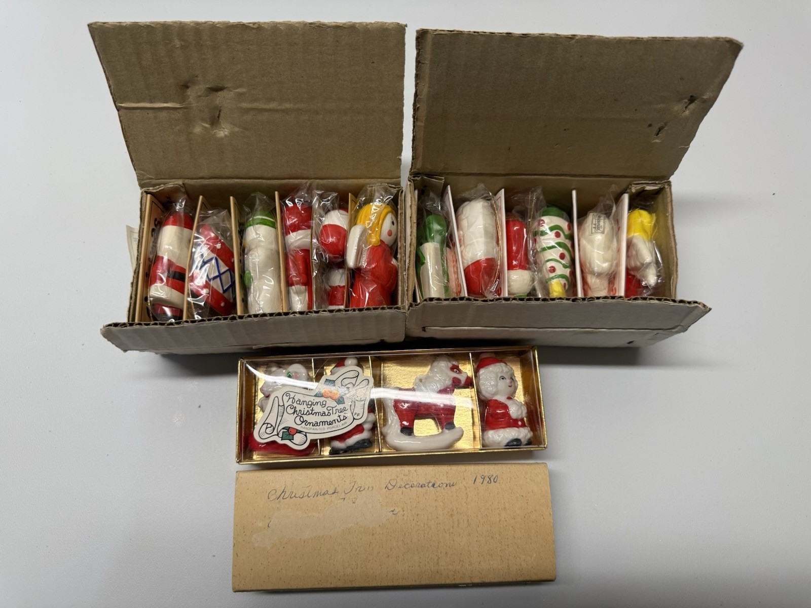 Vintage 1976 1980 Fitz & Floyd Christmas Țree Ornaments 3 Sets Original Package Vintage 1976 1980 Fitz & Floyd Christmas Țree Ornaments 3 Sets Original Package