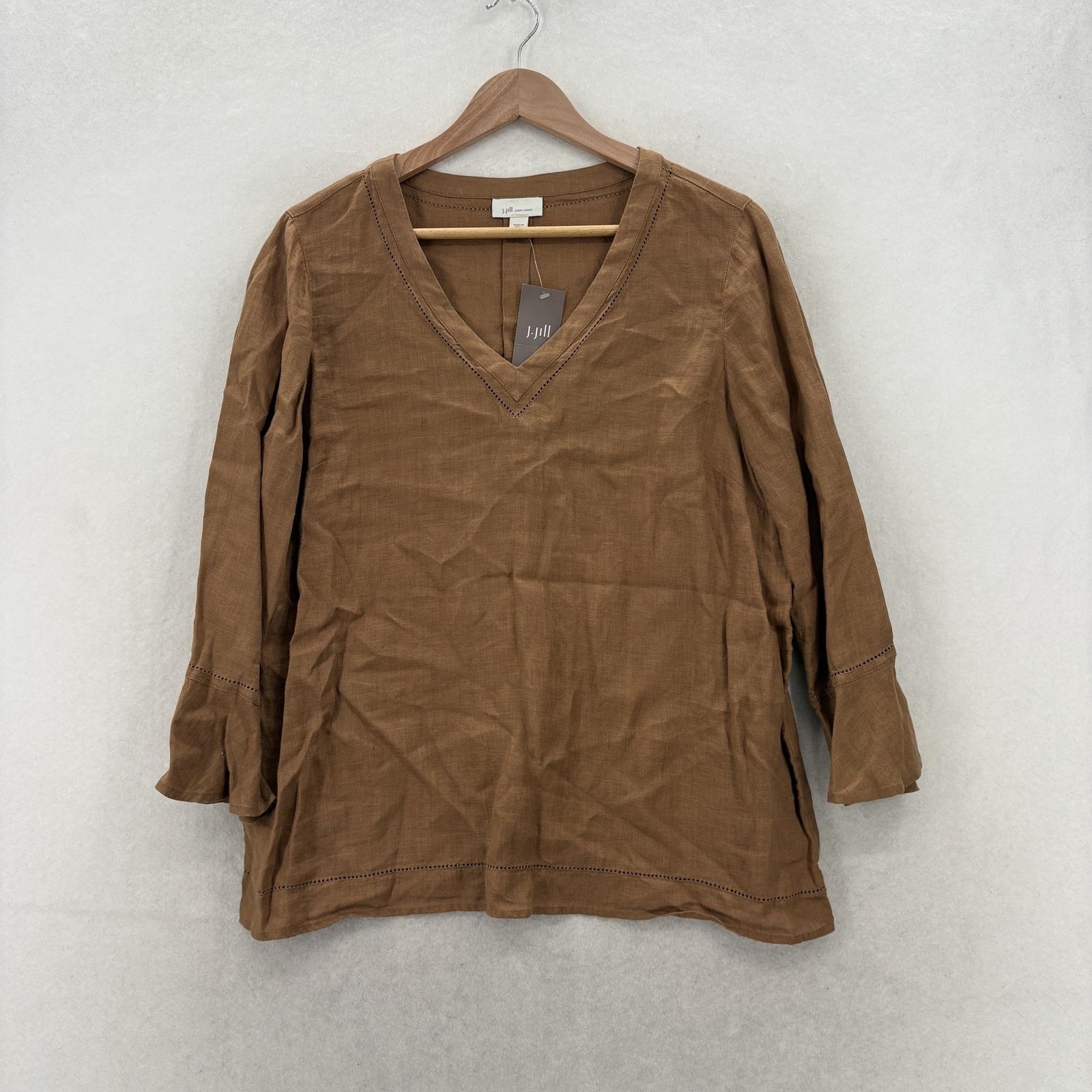 J Jill Love Linen Blouse Womens Small Brown V Neck 3/4 Bell Sleeve Tunic NWT