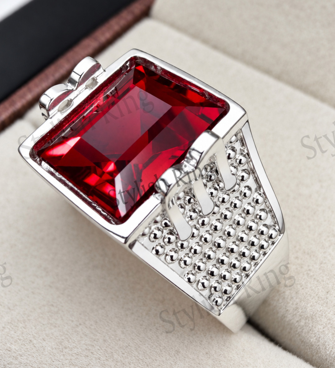 Men\'s Garnet 925 Sterling Silver Ring, Handmade Red Gemstone Emerald Cut Ring