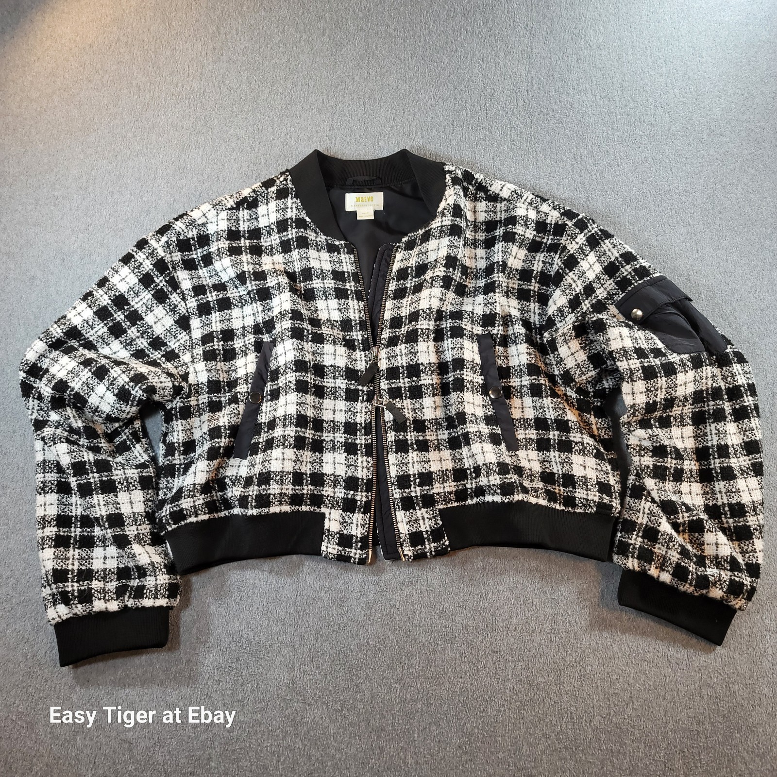 Anthropologie Maeve Black White Plaid Cropped Tweed Bomber Jacket XL 