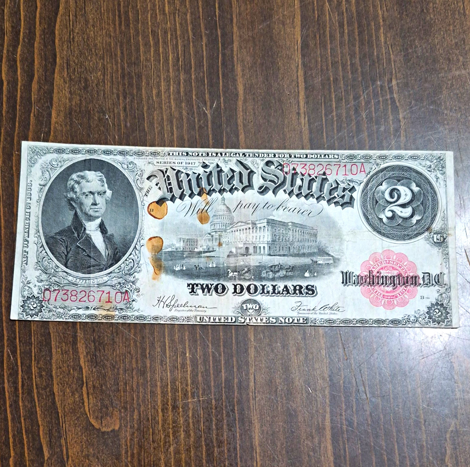 1917 $2 United States Note Large Size Red Seal Serial 073826710A with stains 1917 $2 United States Note Large Size Red Seal Serial 073826710A with stains