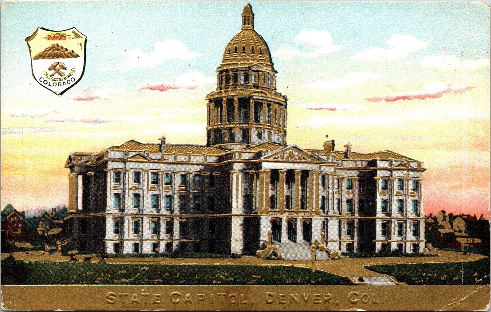 Front View State Capitol Building Denver Colorado CO Shield Postcard Unused UNP