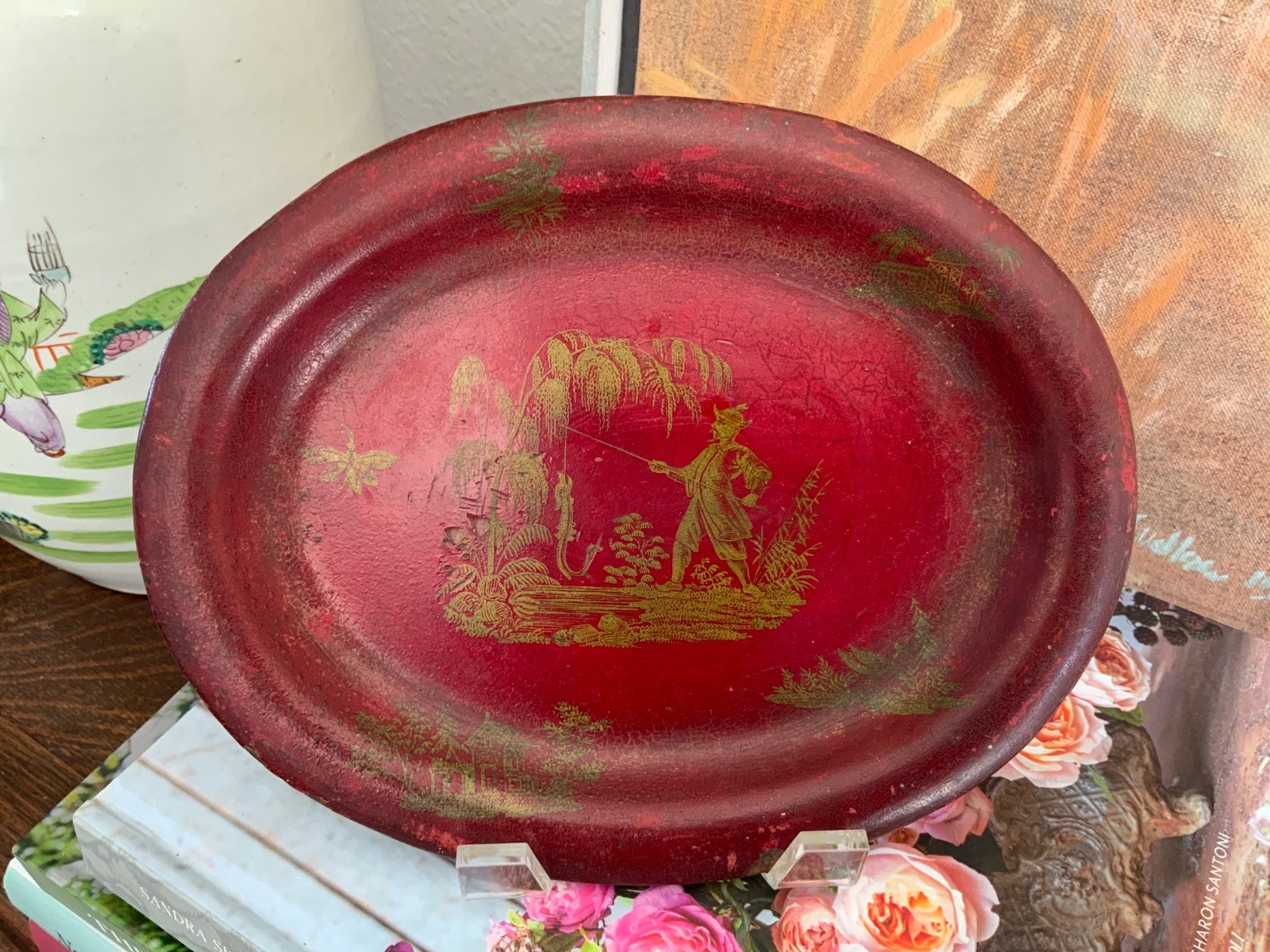Oriental Early 1800s Red & Gold Tole Tin Metal Work Small Coin Tray C1810-1820